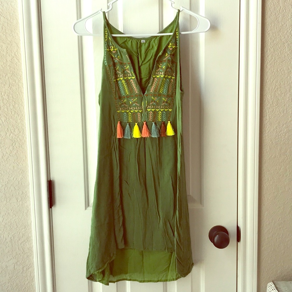 Green embroidered dress with multi-color tassels